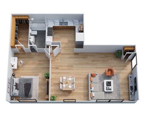 Floor plan for 1 bed, 1 bath, 750 sqft
